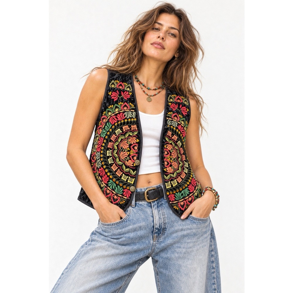 Vtg Womens Boho Folk Art Embroidered Vest Waistcoat Velvet XL Indie Tapestry 90s